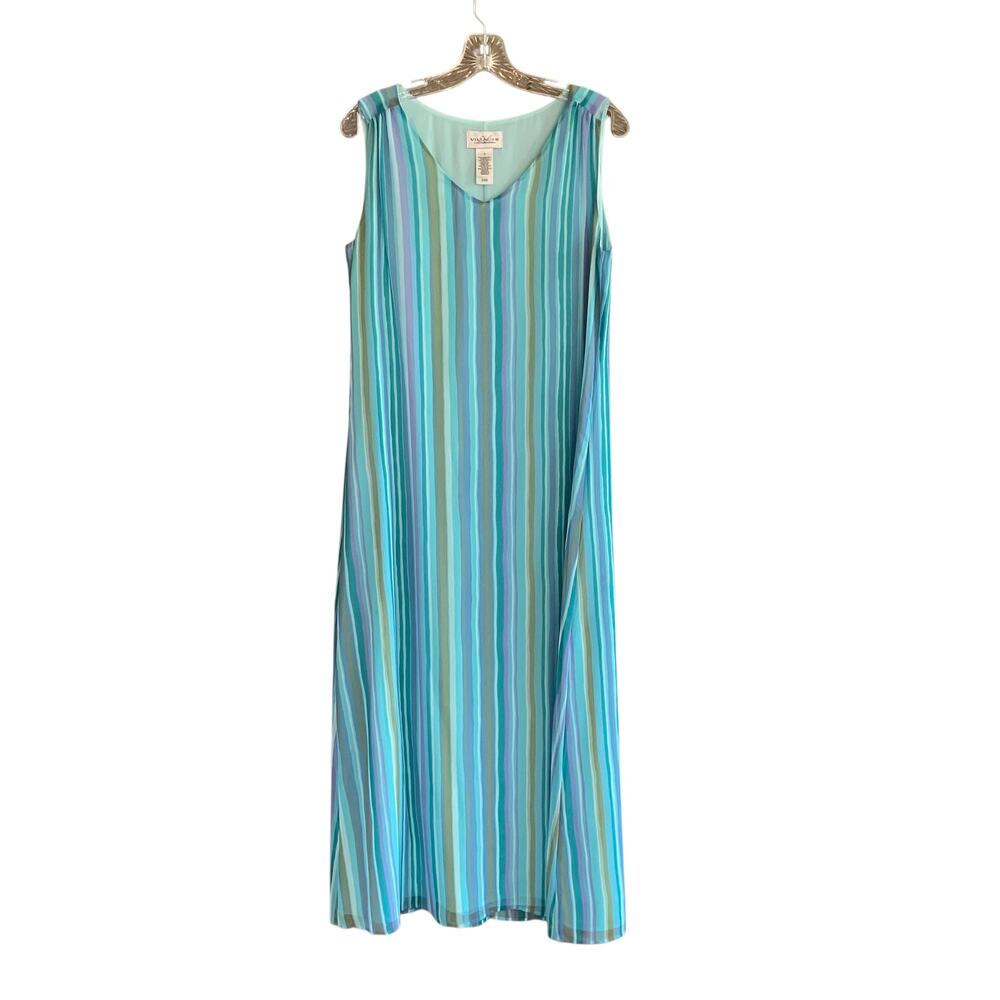 Chiffon Maxi / Midi Dress Sleeveless Striped V-Neck 8 Beachy Coastal Villager